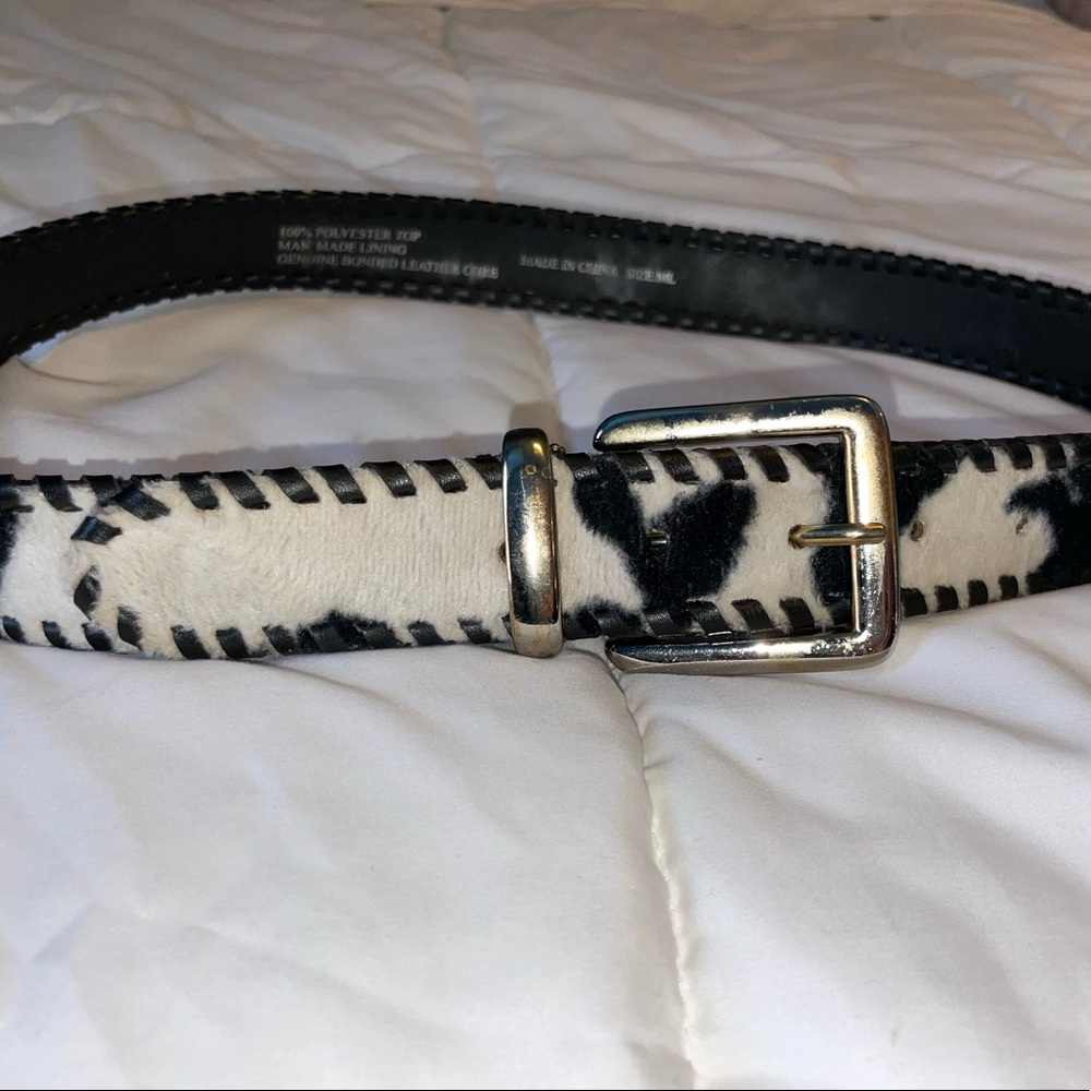 Cow print belt with metal buckle